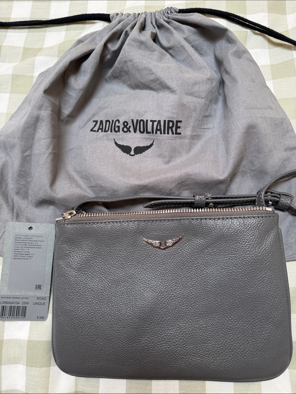 Zadig & Voltaire Gray Pebbled Leather Crossbody with Wing Logo